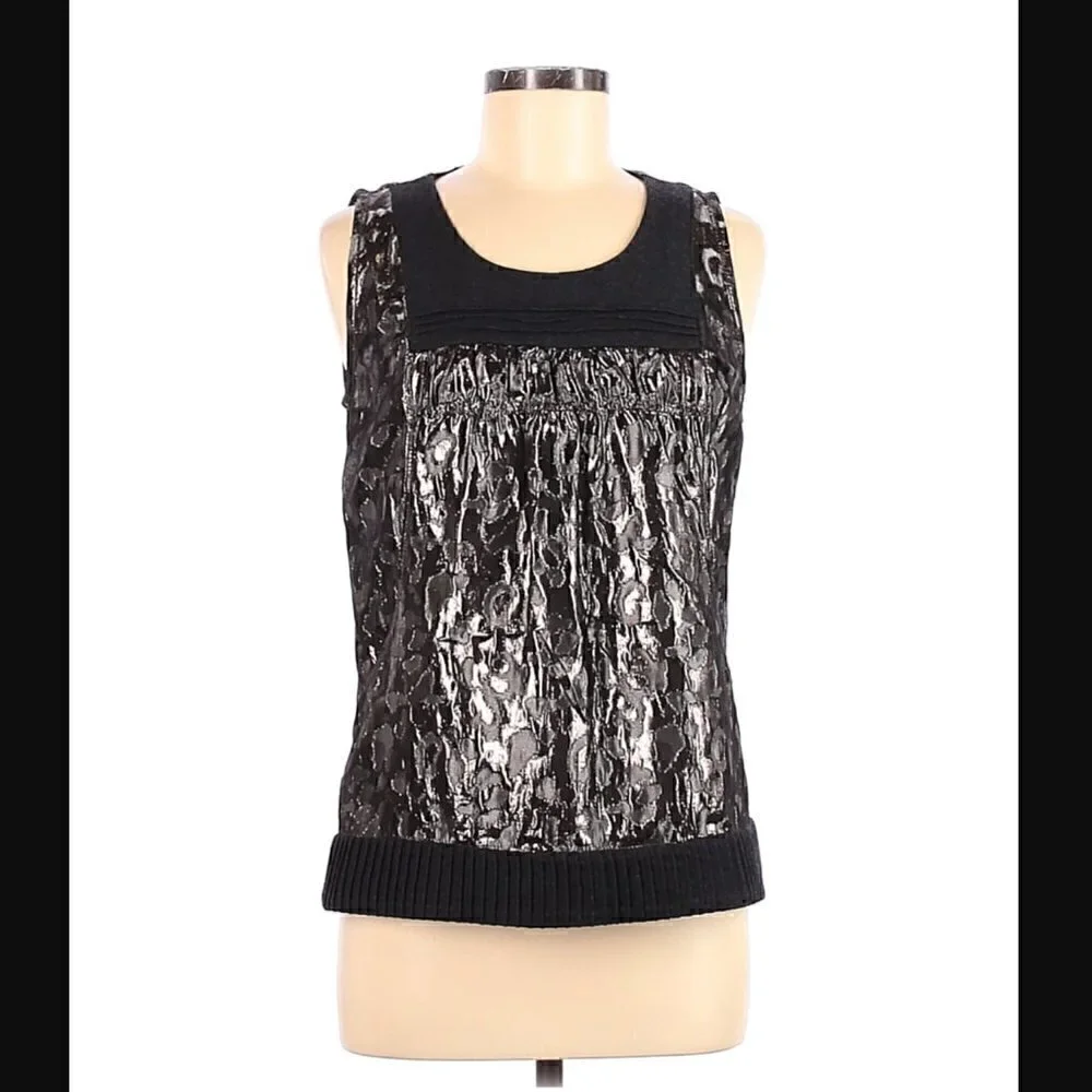 Tory Burch Tank Top 8 Lamé Wool Metallic Sleeveless Leopard Animal Black Luxury